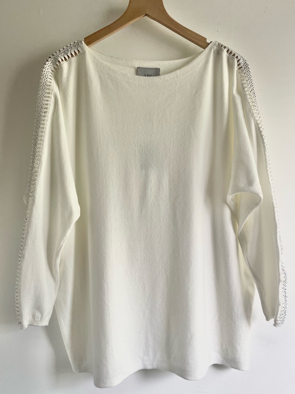 NWT LIV Milano White Rhinestone Dolman Sleeve Knit Sweater XL Sheer Accent Cozy